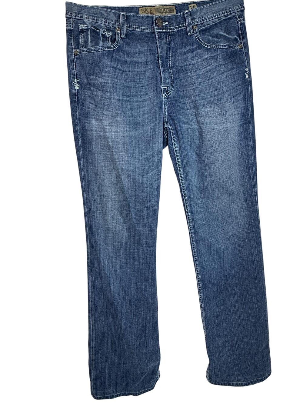 BKE Tyler Jeans Mens 36x36 Blue Relaxed Straight Stretch Denim Embroidered